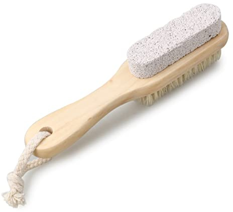 Spazzola Esfoliante per Piedi con Pomice e Setole, Legno | Manico in Legno, per Rimuovere Pelle Secca e Pulire Unghie, Accessorio Bagno Compatto