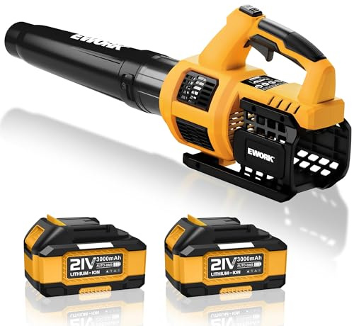 EWORK Cordless Leaf Blower, 21V Electric Handheld Blower with 2X 3.0Ah Batteries & Fast Charger, 550CFM 150MPH Lightweight 3.2Lbs for Lawn Care Yard Patio Cleaning