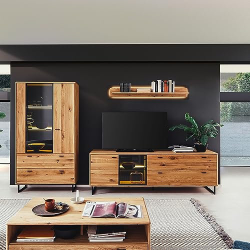 Lomadox Wohnwand Wohnzimmermöbel Set braun 4-teilig Wildeiche Teilmassiv | 1 Vitrine, 1 TV-Lowboard, 1 Wandboard, 1 Couchtisch mit Beleuchtung