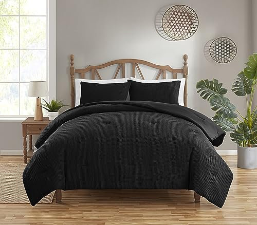 Sweet Home Collection Juego de edredón de 3 piezas de tejido gofre, color negro, lujoso conjunto de ropa de cama con textura elegante y fundas a juego para la mejor actualización del dormitorio