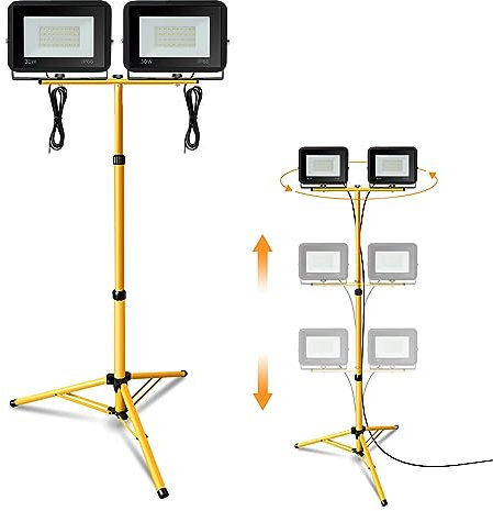 Jiubiaz Projecteur de Chantier LED Télescopique, 2x30W 2550LM Blanc Froid avec Trépied Télescopique Réglable, Étanche IP66 pour l'intérieur et l'extérieur Chantier (Câble 1M, Sans prise)