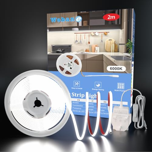 WOBANE COB LED Strip Light, 2m, 640 LEDs, CRI90+, 900lm, Cool White, 12V | Plug-In & Self-Adhesive, Inline Switch, Seamless Uniform Lighting, Silicone Coated, Thin & Flexible,Kitchen Cabinet Backlight