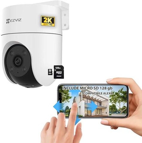 EZVIZ Telecamera motorizzata da esterno, 2K H8c, Wi-Fi 2,4 GHz, con obiettivo motorizzato Protezione intelligente a 360 gradi SENSORE PIR, VISIONE NOTTURNA + micro sd 128 Gb
