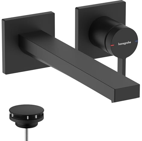hansgrohe Tecturis E - Waschtischarmatur Unterputz für Wandmontage mit Ablauf, Wasserhahn Bad mit Auslauf Länge 22,5 cm, Mischbatterie Waschbecken wassersparend (EcoSmart+), Mattschwarz, 73051670