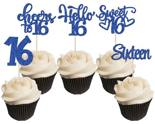 30Pcs 16th Birthday Cupcake Toppers Sixteen Happy 16th Cupcake Picks Cheers to 16 Sweet 16 Cake Decorations for 16th Birthday Anniversary Party Supplies Deep Blue Glitter
