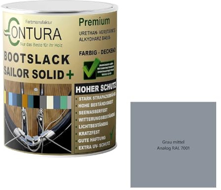 Contura Bootslack Farbig GLÄNZEND Yacht- Buntlack Metall Holz GFK Holzlack Boot Farblos (Grau Mittel - RAL 7001 Analog, 1 LIter)