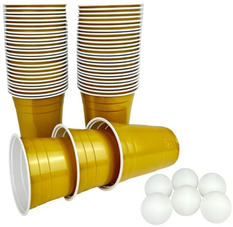 Plastikbecher in Gold mit 6 Bällen - goldenes Partybecher Set - 50 Premium Trinkbecher (473 ml) in Gold + 6 Ping Pong Bälle