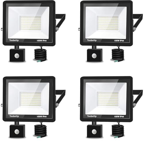Projecteur LED Exterieur Detecteur de Mouvement 100W 10000LM 3000K, 4PCS | Blanche Chaude,Trois Modes de Réglage Temps/Sens/Lux, IP66 Étanche, Angle 120°, Spot LED Extérieur pour Jardin Garage Patio