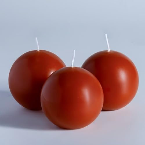 MOZEAL Handgegossene, 7,6 cm große, runde Kugelkerzen in gebranntem Orange – elegante runde Stumpenkerzen in gebranntem Orange, 3er-Set, tropffrei, geruchlos, rauchfrei, ideal für Herbstversammlungen.