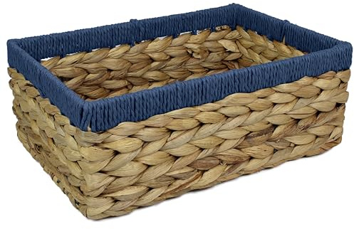 Rectangular Water Hyacinth Small baskets for storage Natural and Blue wicker basket shelves open Decorative gift box Small bathroom mini tray makeup bathroom Kitchen organiser (1, Large 32cm)