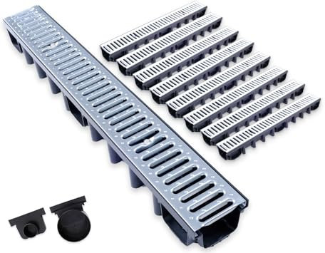 Durabern Entwässerungsrinne Set - 98 mm Ablaufrinne aus verzinktem Stahl, PKW-befahrbar, für Garten, Hof & Terrasse, inkl. 2 Ablaufstutzen (DN 110, DN 50) (8 m)