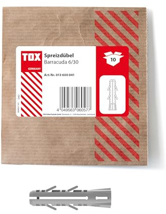 TOX Spreizdübel Barracuda 6x30 mm, Dübel für Vollstein und Beton, sehr hohe Haltewerte, einfache Montage, 10 Stück in einer wiederverschließbaren und umweltschonenden Papierverpackung, 013600041