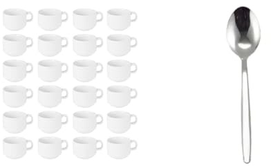 Olympia Athena Stacking Cups 200 ml / 7 oz (Pack of 24), White Porcelain, Teacups and Coffee Cups & Genware 2000-8 Millennium 18/0 Stainless Steel Teaspoon, 140 mm Length, Pack of 12