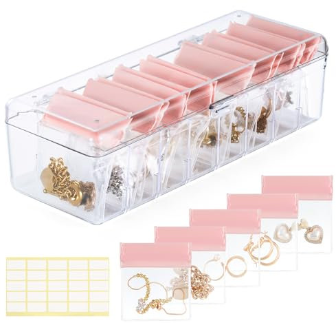 Emibele Joyero Acrílico Organizador, Caja de Almacenamiento de Joyería Transparente con 24 Bolsas de Joyería Portátiles Anti Deslustre, Organizador de Joyería de Encimera Collares Anillos Pendientes