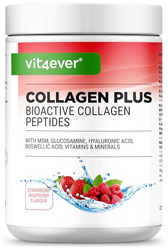 vit4ever Collagen Plus - 500 g Pulver mit MSM, Glucosamin HCL, Hyaluronsäure, Weihrauch Extrakt - 100% bioaktives Kollagen Hydrolysat Peptide - Kollagen Typ 1, 2 & 3 - Himbeere Erdbeer Geschmack