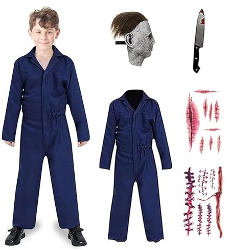 4PCS Halloween Costume Mask Kids Scary Killer Costume for Boys Jumpsuit Costumes Outfits with Stickers (Grey mask, L)
