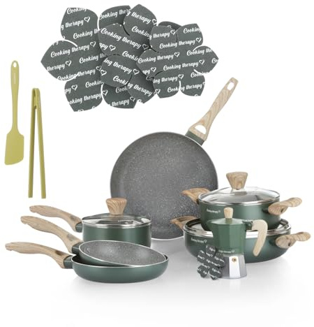 KASANOVA Batteria pentole Cooking Therapy, Set pentole induzione e padelle antiaderenti con paletta, Set cucina completo con scritta al laser e manici effetto legno (16 Pezzi)