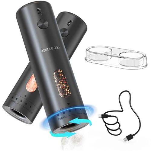 CIRCLE JOY Juego de Molinillos de Pimienta Eléctricos Recargables Molinillos de Especias con Base, Recipiente de 110ml, Luz LED Blanca y Rugosidad Externa Ajustable, Negro