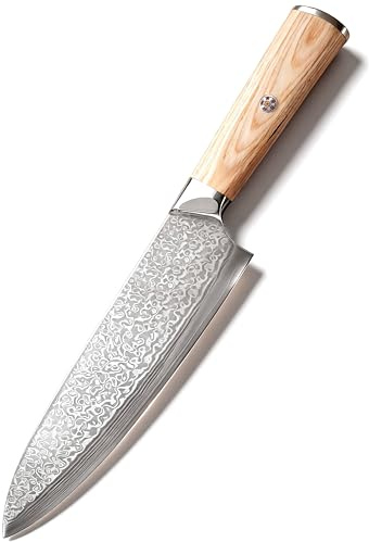 ougist Father’s Day Gifts Damascus Chef Knife 8 Inch, Japanese High-Carbon Steel Core, 67-Layer Full Tang Kitchen Knife, 60±2HRC Ultra Sharp Blade, Ergonomic Wood Handle