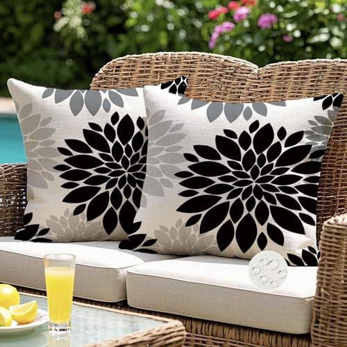 ViaElayu Outdoor Kissenbezug 40x40 Frühling Schwarz Blumen Kissenhüllen Zierkissenbezug Dahlien Wetterfest Dekokissen Kissen Couchkissen Sommer Kissenbezüge Wohnzimmer Garten Sofa Deko 2er Set