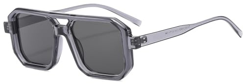 Long Keeper Retro Pilot Sonnenbrille Herren Damen 70er Jahre Flache Pilot Sonnenbrille Vintage Quadratische Doppel Brücken Sonnenbrille UV400 Schutz (Klar Grau Grau)