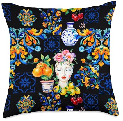 Summer colorful Sicilian Moor’s head inspired lemon art Throw Pillow