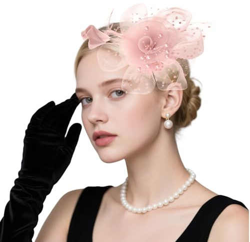 Fascinator Damen,Fascinator-Hüte Für Damen - Federn & Mesh – Kopfschmuck Für Hochzeiten, Pferderennen & Halloween, Mit Stirnband & Gabelclip（Rosa）