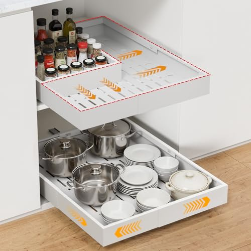 Frost IX 2 Pack Pull Out Cabinet Organiser, Width (27-45cm)/ Depth (34-59cm) Expandable With 3 Rails, No Drill Slide Out Drawer, Metal Adjustable Cupboard Organiser, Drawer Storage For Kitchen Pantry
