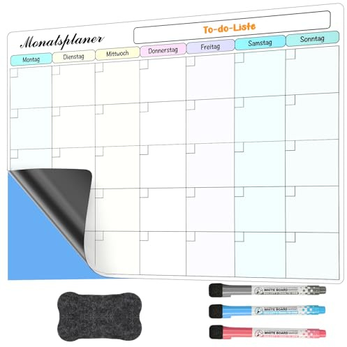 SONNELD Monatsplaner Abwischbar Selbstklebend – Wiederverwendbarer Whiteboard Familienkalender 42x30 cm mit 3 Stiften & Radierer, To-do-Liste für Wand, Büro, Schule & Zuhause Geschenk