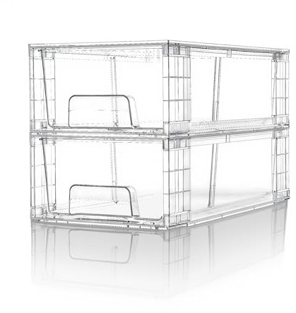 XWYWX Set 2 Cassetti Impilabili Piccoli, Organizer Trasparenti in Acrilico con Maniglie, Contenitori Facili da Montare per Frigorifero, Bagno, Cucina, Sotto Lavello, Dispensa e Armadio