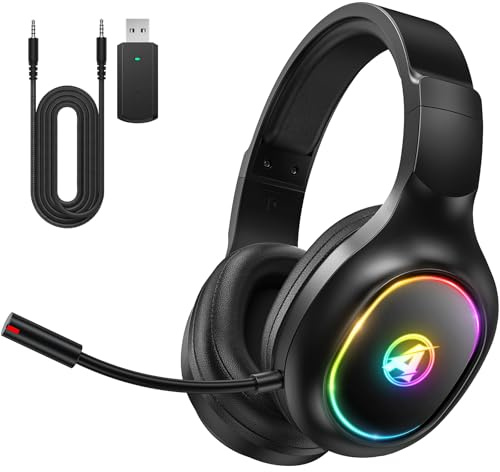 Awinnasey PH1 2.4GHz Wireless Gaming Headset for PS5, PS4, PC, Switch, Bluetooth Headset with 3.5mm Jack, Wireless Gaming Headphones with Microphone, 7.1 Stereo Sound, Low Latency, Black, PRO