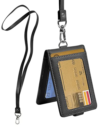 Ausweishülle ID Kartenhalter PU Leder Ausweishalter mit Schlüsselband Umhängeband Karten Hülle Namensschild Abzeichenhalter Arbeitskartenhalter Kreditkartenetui für 5 Karten, Schwarz