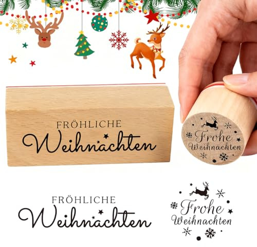 BHGWR Stempel Weihnachten Holzstempel, 2 Stück Weihnachtsstempel Kinder aus Holz, Stempel Frohe Weihnachten Schriftzug Motivstempel Deutsch Sprüche für Karten Scrapbooking Geschenkpapier zum Basteln