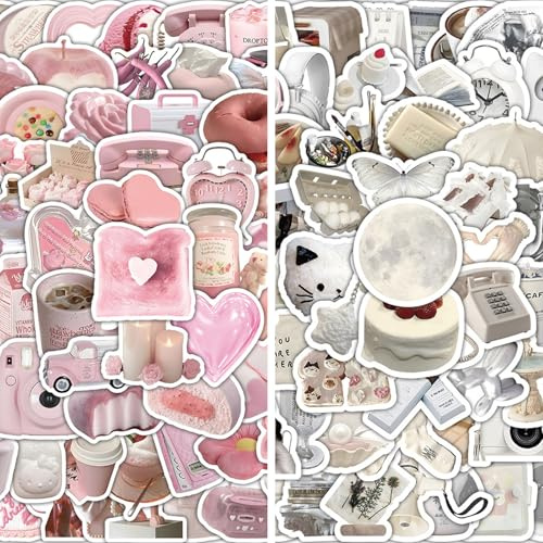 PLUSHCEWT 200 Pcs Vintage Aesthetic Scrapbook Stickers - Ins Style White & Pink Themed Stickers for Journals,Laptops,Water Bottles - Scrapbook Accessories for Adults