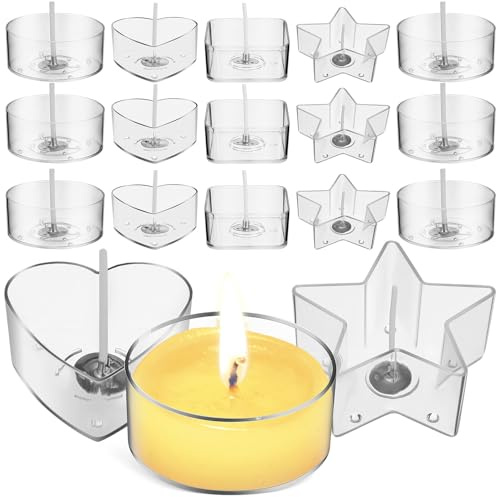 ULTECHNOVO Juego de 40 Portavelas Transparentes para Velas de Té con 100 Mechas Recipientes para Hacer Velas DIY Formas Redondas Cuadradas Corazón y Estrella Ideales para Manualidades y