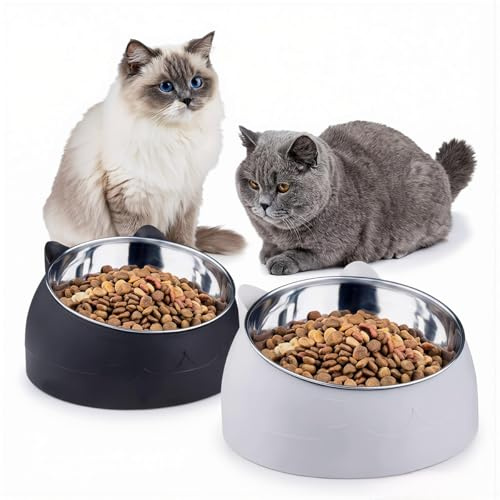 ASOUUNLD 2er Set Katzennapf Edelstahl Katzen Futternap 15° geneigt erhöht Fressnäpfe 400ml rutschfest Abnehmbarer Katzenschüssel für Katze & Hund für Nass-/Trockenfutter & Wasser (Schwarz/Weiß)