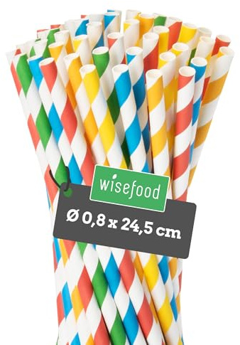 Wisefood® Strohhalme Papier [25 cm Ø 8] Party Deko [bunt] alternative Strohhalme Plastik-frei für Geburtstag Hochzeit DIY [250 Stk.] für Cocktail Getränke Cola Energy Drink Wasser Limo BIO