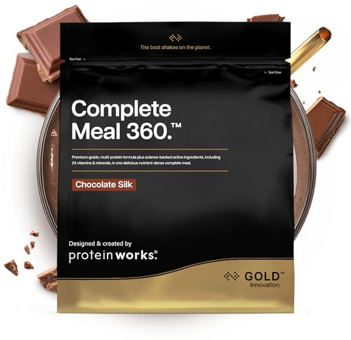 Protein Works Complete Meal 360 - Gold Innovation, batido de sustitución de comidas, alta proteína, Omega 3, 165 beneficios para la salud, dura 3 – 5 horas de uso, chocolate seda, 5 comidas, 500 g