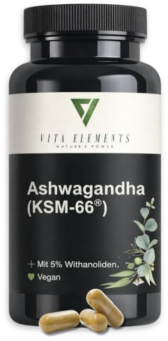 Vita Elements Ashwagandha - Wurzelextrakt - 180 Kapseln - 5% Withanolid-Gehalt - Hochdosiert, Vegan & hoher Qualität - Laborgeprüft - 3 Monate Vorrat