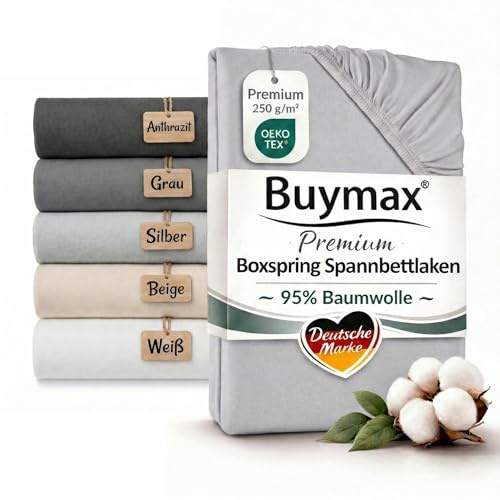Buymax Boxspringbett Spannbettlaken 180x200 bis 200x220 cm Silber – Premium Jersey 250 g/m² – 95% Baumwolle 5% Elastan – bis 35 cm Matratzenhöhe