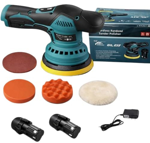 Lucidatrice per Auto a Batteria 24V 380W – Lucidatrice Rotorbitale Professionale con 2 Batterie, 8 Velocità, Kit Completo con Tamponi per Lucidatura, Levigatura e Ceratura