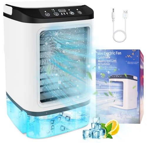 Aire acondicionado portátil con depósito de agua grande y caja de hielo, doble pulverización, 3 ajustes de velocidad, luz de 7 colores, enfriador de aire de bajo consumo