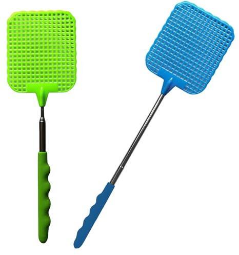 2 Stück Fliegenklatsche, Fliegenklatsche Ausziehbar, Insektenklatsche Mit Edelstahl Griff, Langer Griff Fliege Swatter, Kunststoff Teleskop DieFliegenklatsche für Fliegen & Insekten Fliegen MüCken Wes