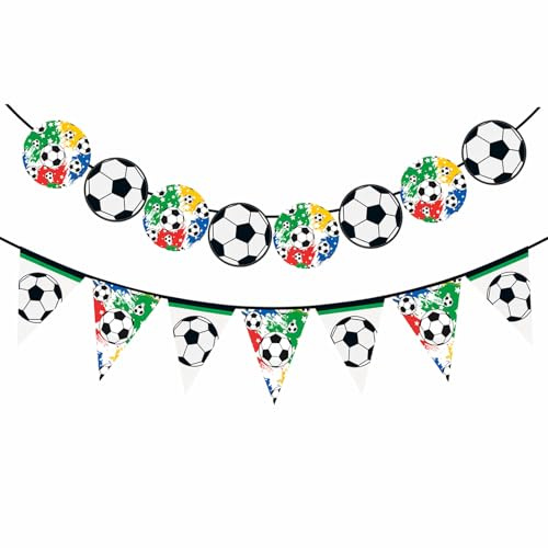 Ovanda 2 Stück Fußball Girlande, Wimpelkette mit Ball und Dreieck Fahnen für Fußball Geburtstag, Kinder Party, WM 2026 Motto und Sport Deko, Fußball-Fans, Fußball Thema Party Supplies