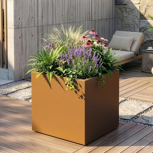 casa.pro Jardinera Vaargel Macetero Alto Cubo Jardinera Exterior Grande para Terraza Jardín Balcón Patio Drenaje Integrado Acero Galvanizado 60 x 60 x 60 cm - Marrón