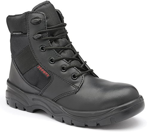 ZEPHYR Z006 militari tattici scarpe da lavoro scarpe antinfortunistiche uomo donna pelle impermeabile alta senza metallo polizia Mil-Tec SWAT tactical boot SRC lacci; nero;, Nero, 46 EU