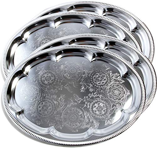 Maro Megastore (Pack of 4) 18.1 x 13.3 Oval Shape Chrome Plated Serving Tray Plate Food Art Deco Floral Pattern Engraved Multi-Purpose Holiday Party Buffet Wedding Birthday T225-4PK