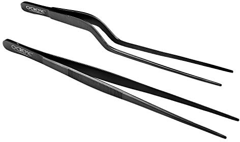 O'Creme Culinary Stainless Steel Tweezer Tongs Set of 2 - One 10 Inch Straight and One 8 Inch Offset Black Color