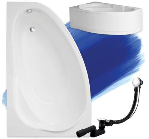 BADLAND Badewanne Original Weiß Acryl Wanne Eckbadewanne MAREA 150x100 Links KOMPLETTSET SET mit Weiß Acrylschürze + Füßen und Exklusive Chrom Automatik Ablaufgarnitur Made in EU 4in1