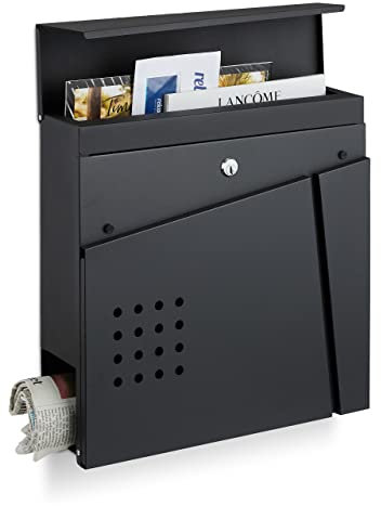 Relaxdays Buzón Moderno, Compartimento para Periódicos, Rectangular, Antilluvia, 2 Llaves, Acero, 37x37x11 cm, Negro